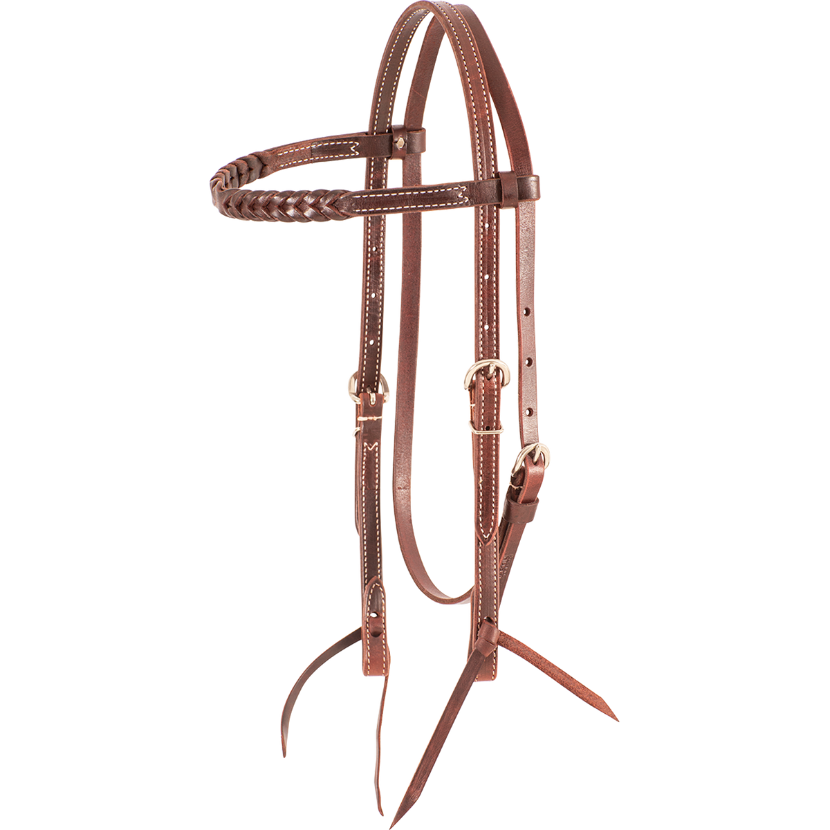 Chocolate browband headstall with blood knots, seen from the front quarter. A row of blood knots runs along the browband of the 5/8-inch latigo leather headstall, with stainless steel buckles and bit ties.