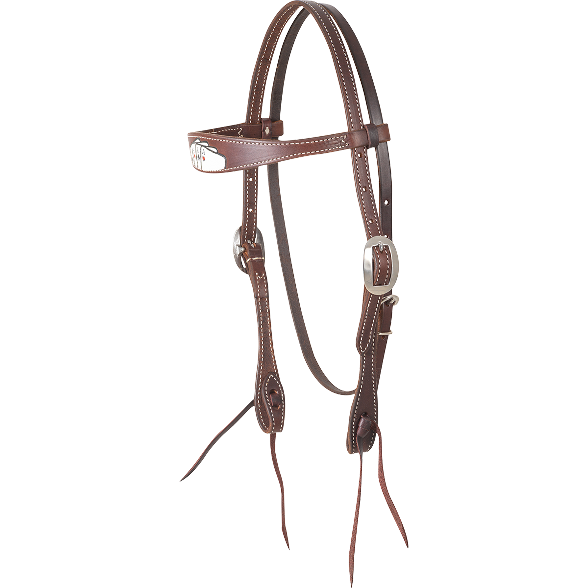 Chocolate browband headstall with card suit tooling, seen from the front quarter. A painted card suit design sits on the browband of the stitched skirting leather headstall, with buckles and bit ties.