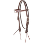 Chocolate browband headstall with card suit tooling, seen from the front quarter. A painted card suit design sits on the browband of the stitched skirting leather headstall, with buckles and bit ties.