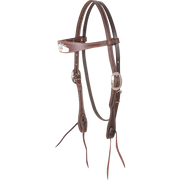 Chocolate browband headstall with card suit tooling, seen from the front quarter. A painted card suit design sits on the browband of the stitched skirting leather headstall, with buckles and bit ties.