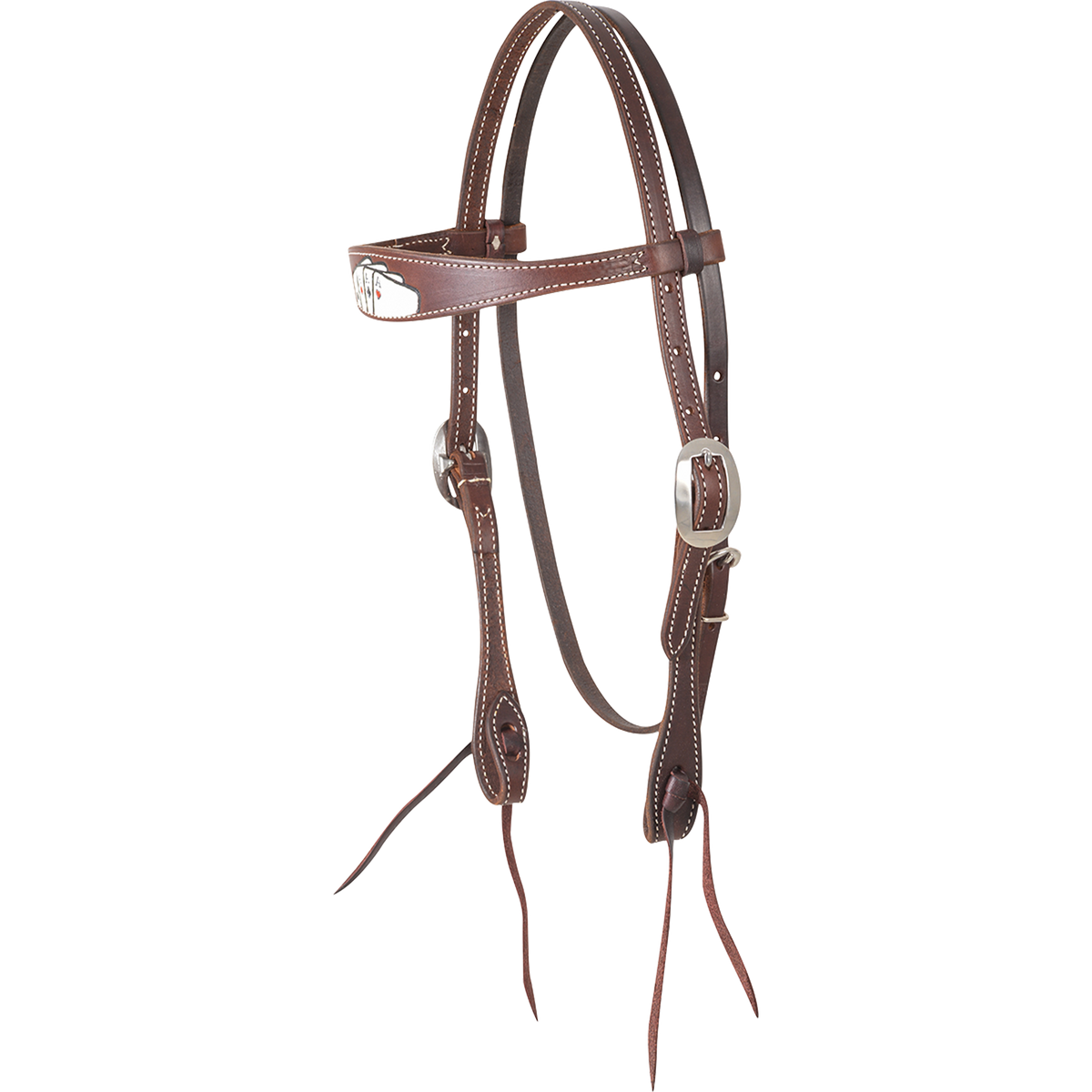 Chocolate browband headstall with card suit tooling, seen from the front quarter. A painted card suit design sits on the browband of the stitched skirting leather headstall, with buckles and bit ties.