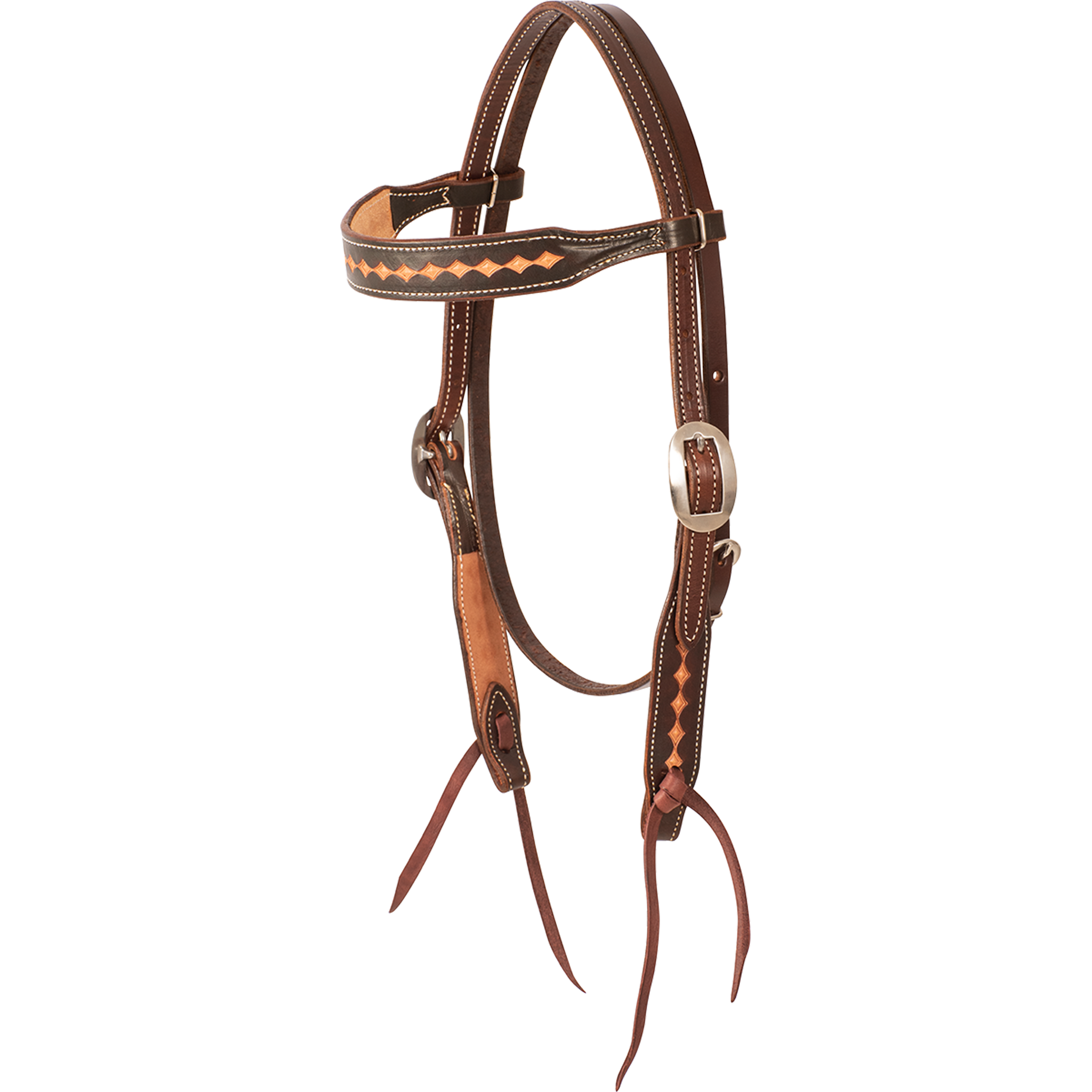Chocolate browband headstall with dark framed diamond tooling, seen from the front quarter. The diamond stamp runs along the browband and cheeks of the dark skirting leather, with bit ties at the ends.