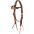 Chocolate browband headstall with dark framed diamond tooling, seen from the front quarter. The diamond stamp runs along the browband and cheeks of the dark skirting leather, with bit ties at the ends.