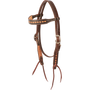 Chocolate browband headstall with dark framed diamond tooling, seen from the front quarter. The diamond stamp runs along the browband and cheeks of the dark skirting leather, with bit ties at the ends.