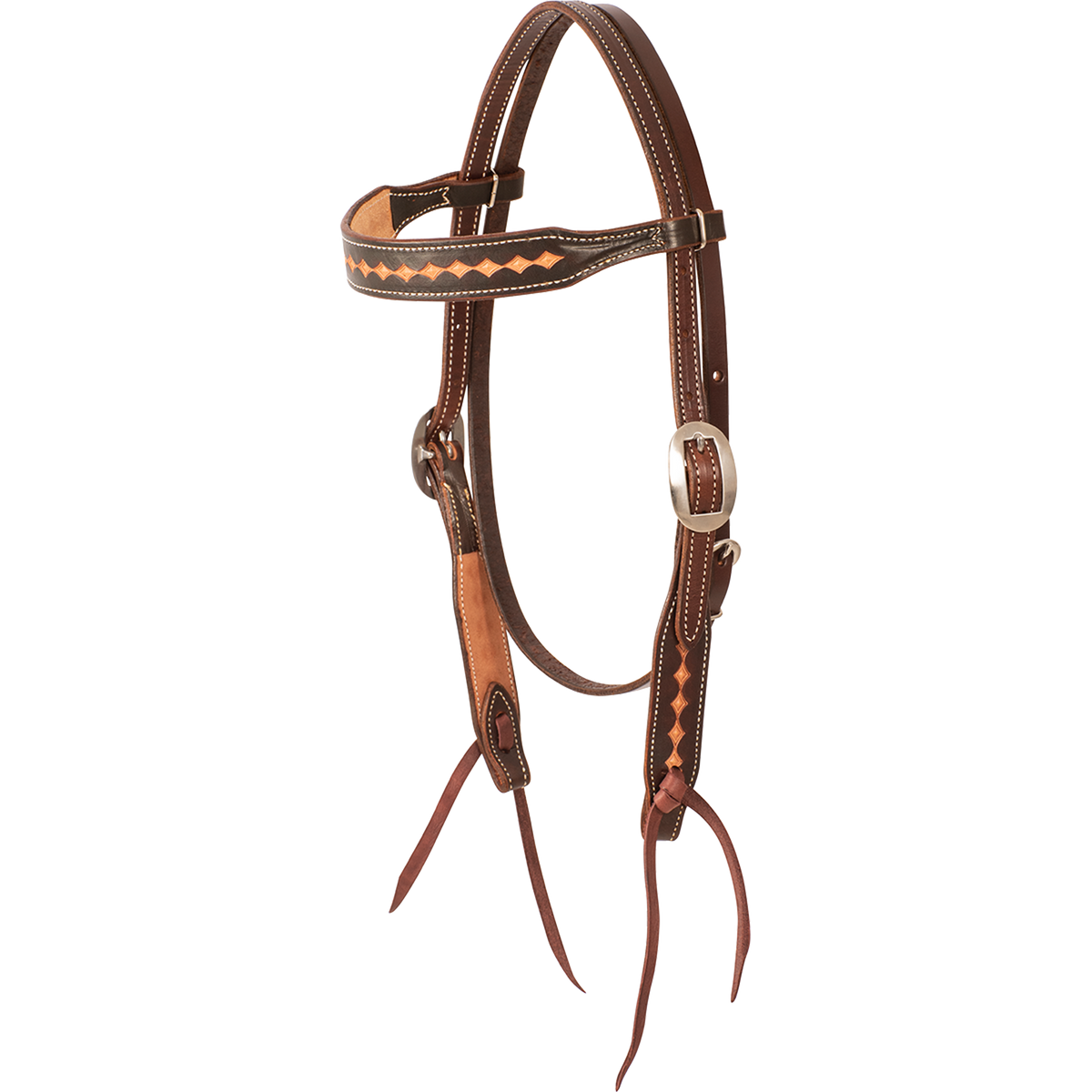 Chocolate browband headstall with dark framed diamond tooling, seen from the front quarter. The diamond stamp runs along the browband and cheeks of the dark skirting leather, with bit ties at the ends.