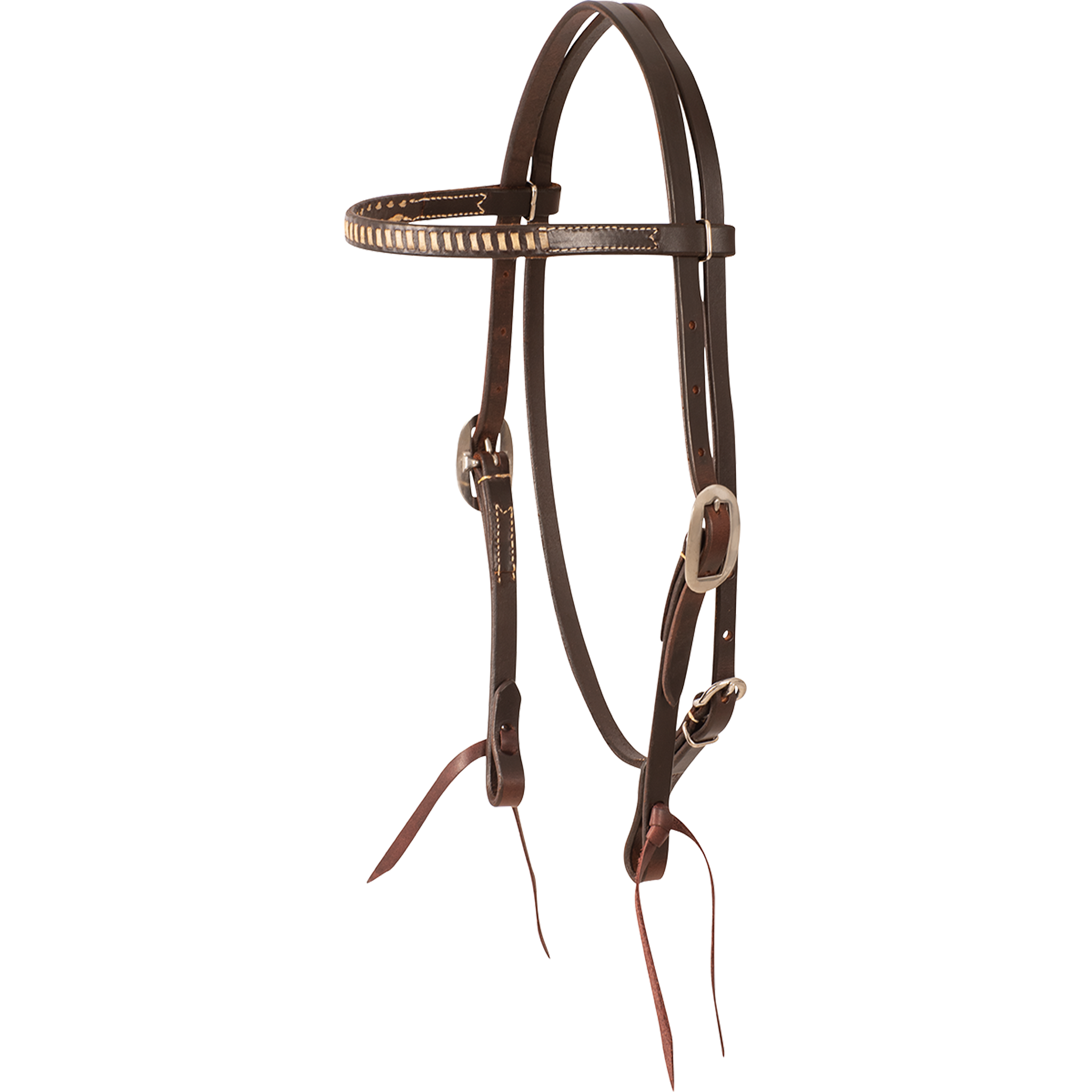 Chocolate browband headstall with rawhide lacing, seen from the front quarter. Light rawhide lacing runs along the browband of the 5/8-inch harness leather headstall, which has buckles at the cheeks and bit ties.