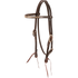 Chocolate browband headstall with rawhide lacing, seen from the front quarter. Light rawhide lacing runs along the browband of the 5/8-inch harness leather headstall, which has buckles at the cheeks and bit ties.