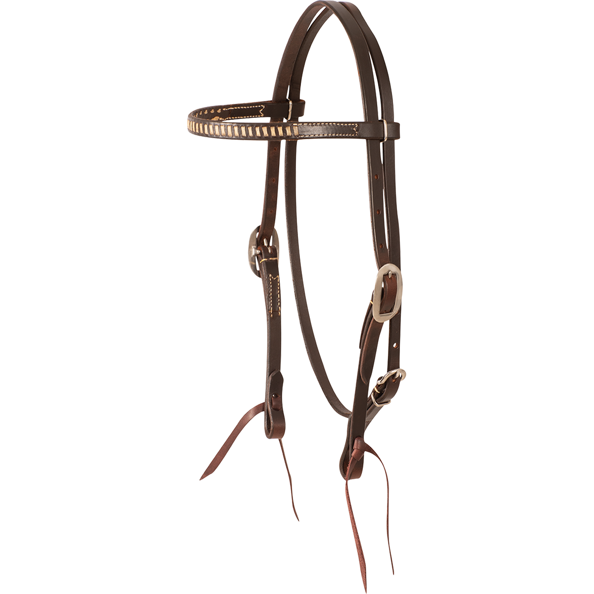 Chocolate browband headstall with rawhide lacing, seen from the front quarter. Light rawhide lacing runs along the browband of the 5/8-inch harness leather headstall, which has buckles at the cheeks and bit ties.