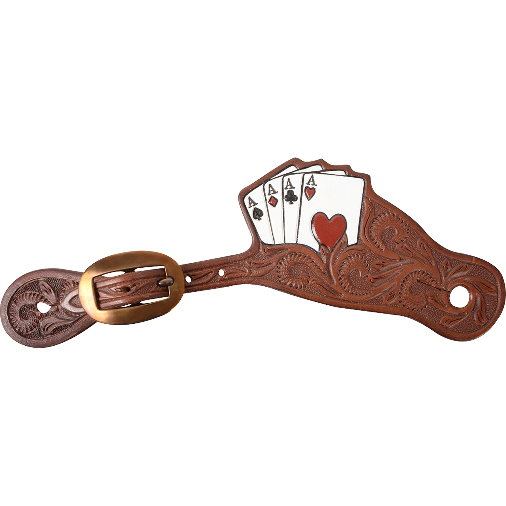 Chocolate cowboy card suit spur strap, seen from above. A hand of four painted aces rises from the leaf tooled strap, which fastens with a cart buckle.