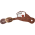 Chocolate cowboy card suit spur strap, seen from above. A hand of four painted aces rises from the leaf tooled strap, which fastens with a cart buckle.