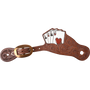 Chocolate cowboy card suit spur strap, seen from above. A hand of four painted aces rises from the leaf tooled strap, which fastens with a cart buckle.