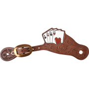 Chocolate cowboy card suit spur strap, seen from above. A hand of four painted aces rises from the leaf tooled strap, which fastens with a cart buckle.