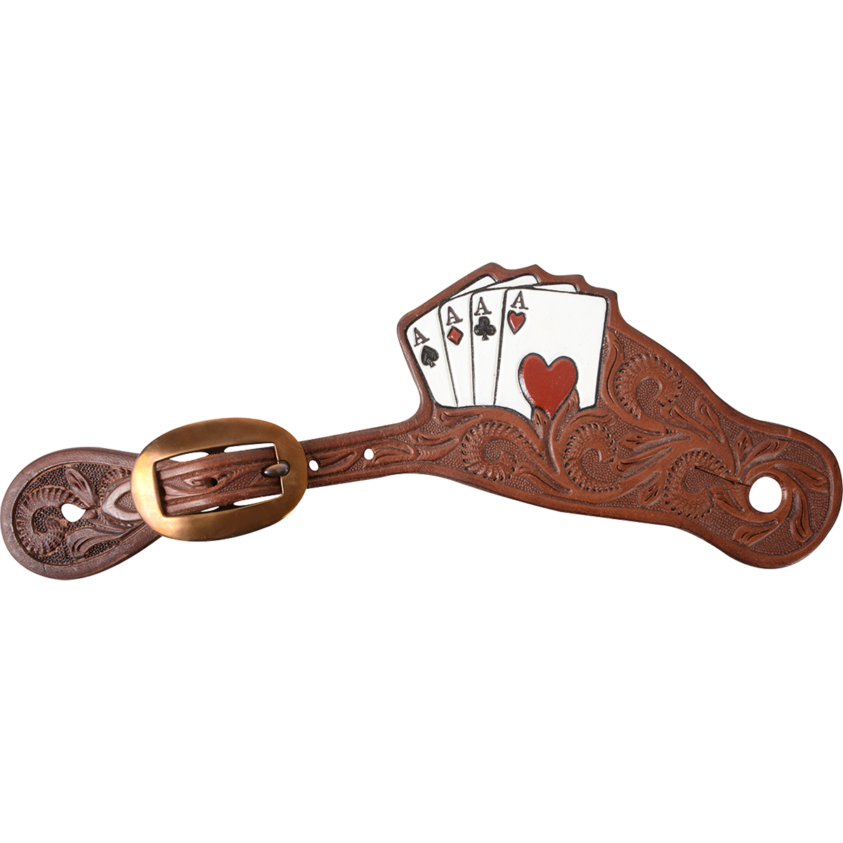 Chocolate cowboy card suit spur strap, seen from above. A hand of four painted aces rises from the leaf tooled strap, which fastens with a cart buckle.