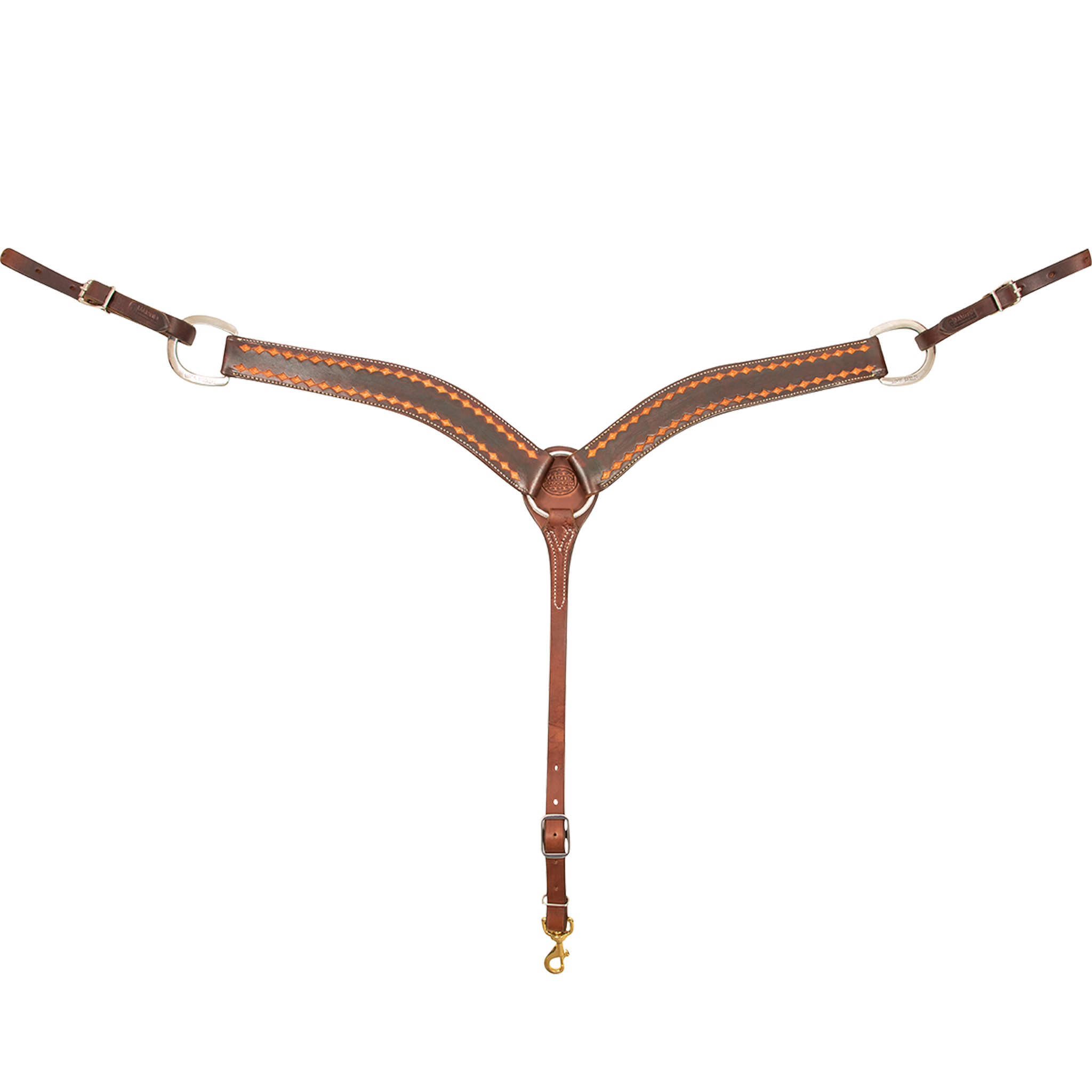 Chocolate 2-inch breast collar from Martin Saddlery, seen from the front in full. The dark skirting leather shoulder straps are framed by a diamond stamp border and meet at a center ring, with buckles at each side and a tie-down strap ending in a snap.