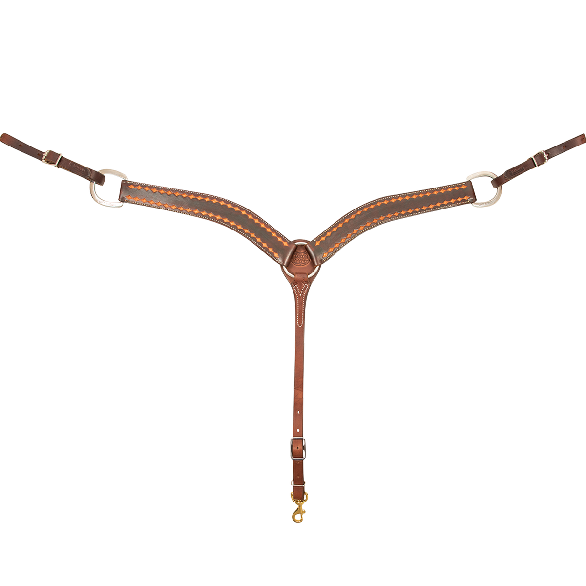 Chocolate 2-inch breast collar from Martin Saddlery, seen from the front in full. The dark skirting leather shoulder straps are framed by a diamond stamp border and meet at a center ring, with buckles at each side and a tie-down strap ending in a snap.