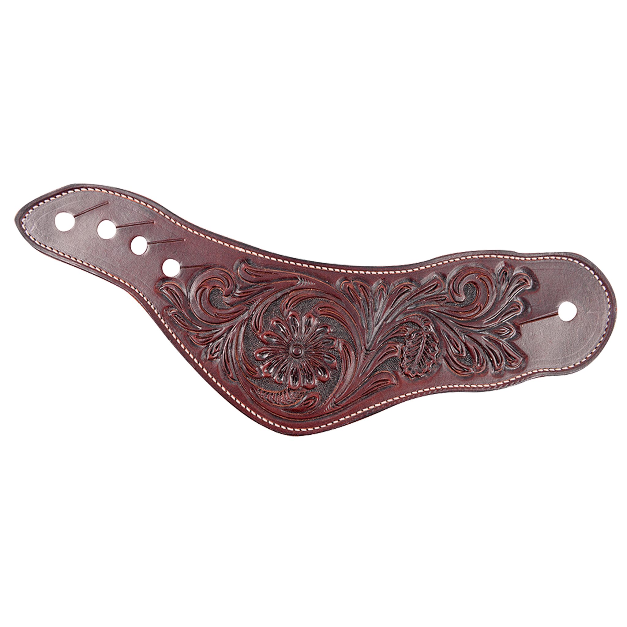 Chocolate dovewing spur strap with Mountain Daisy tooling, seen from above. Floral tooling fills the wide wing, and a row of slotted holes takes the place of a buckle.