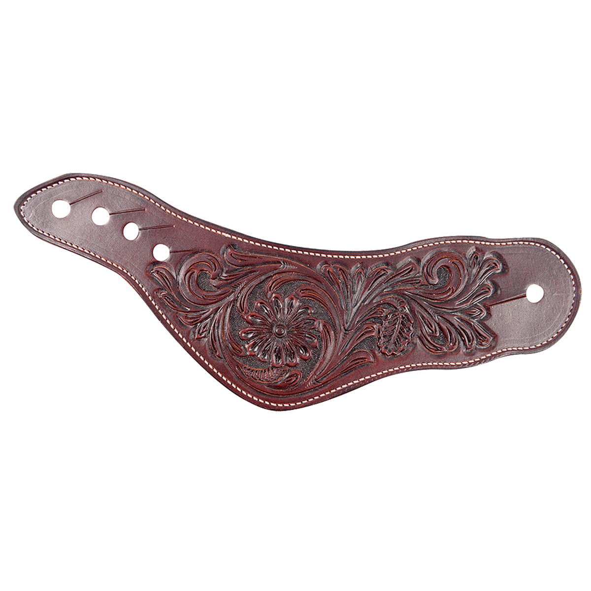 Chocolate dovewing spur strap with Mountain Daisy tooling, seen from above. Floral tooling fills the wide wing, and a row of slotted holes takes the place of a buckle.