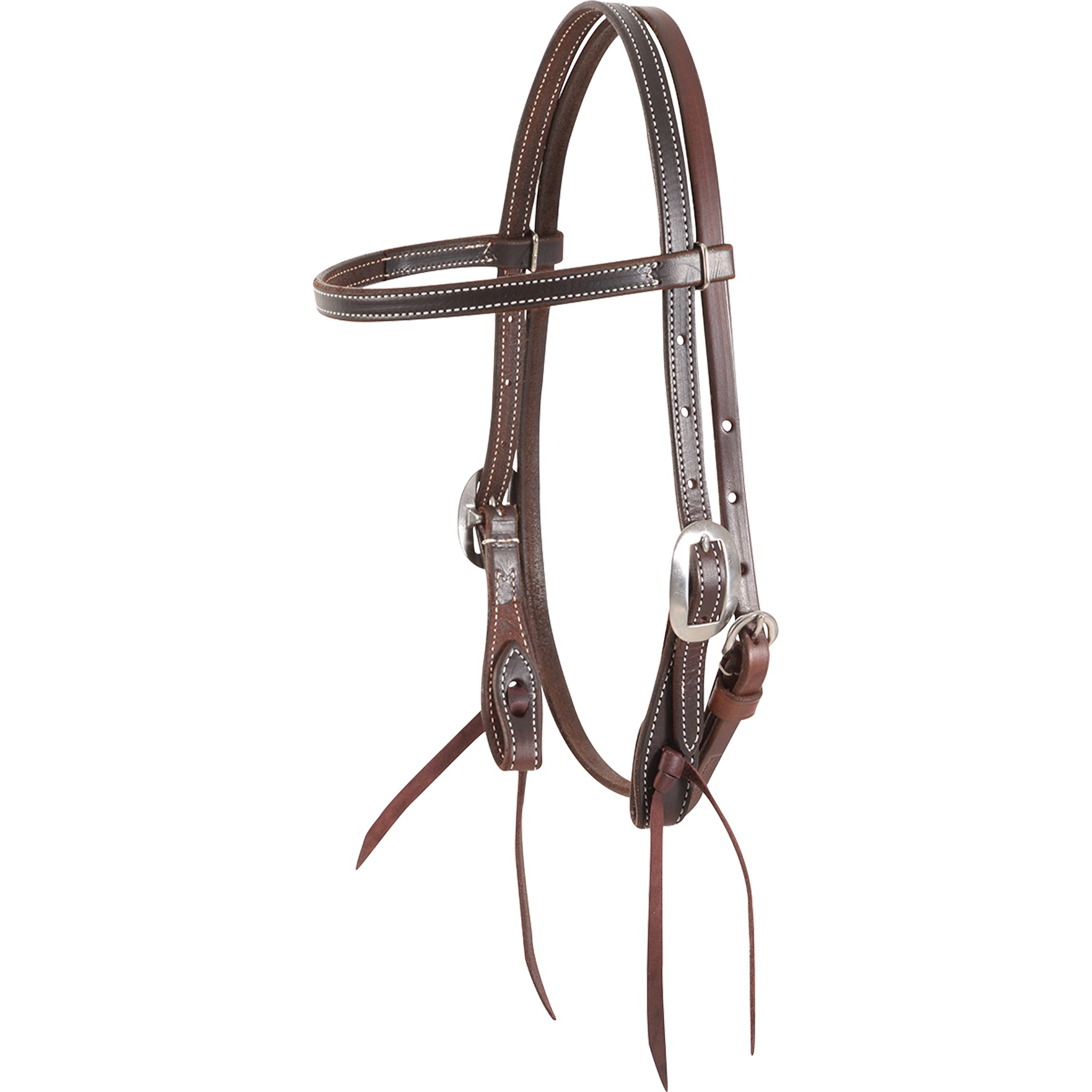 Chocolate stitched gag browband headstall, seen from the front quarter. The 5/8-inch chocolate skirting leather has white stitching, cart buckles and bit ties.