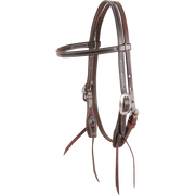 Chocolate stitched gag browband headstall, seen from the front quarter. The 5/8-inch chocolate skirting leather has white stitching, cart buckles and bit ties.