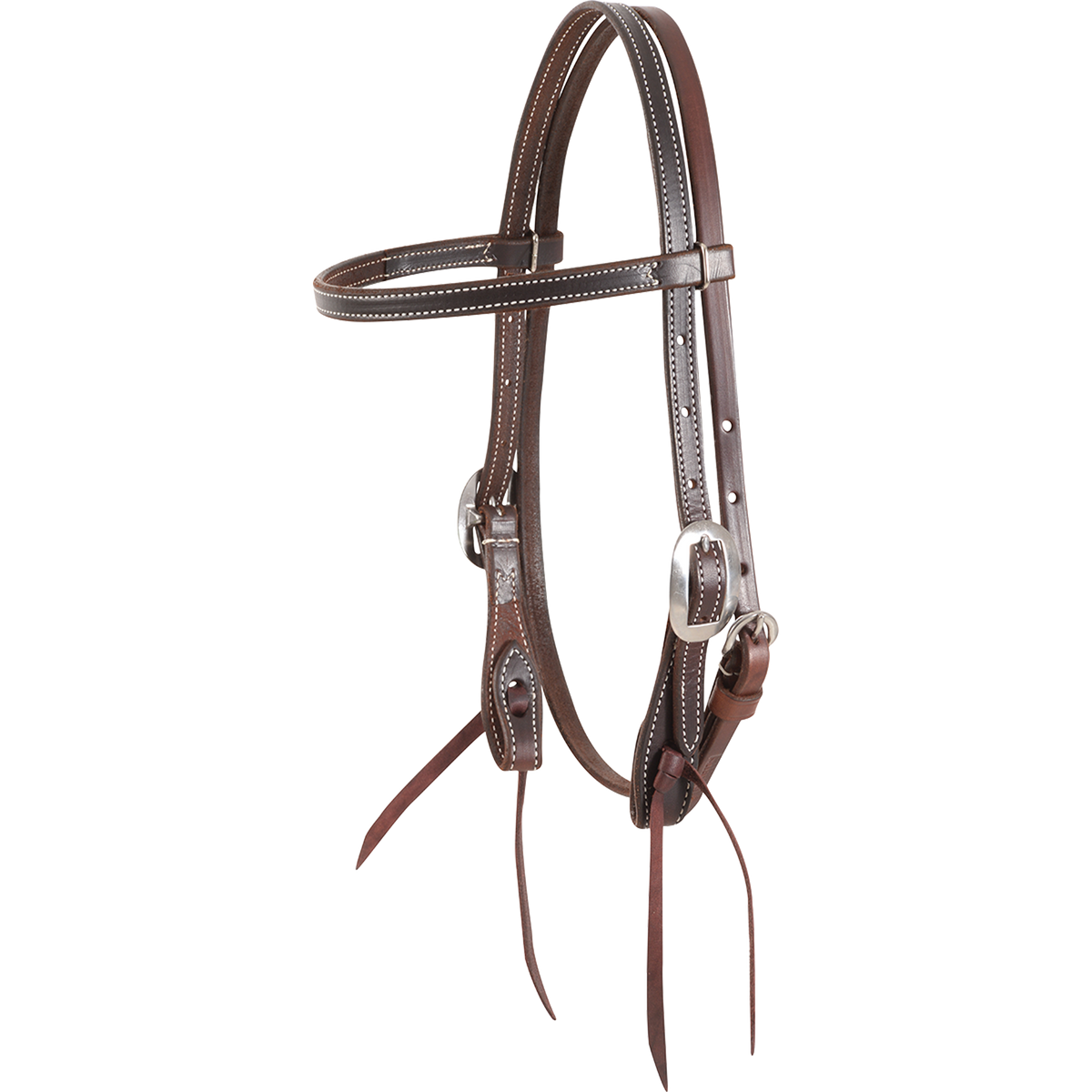 Chocolate stitched gag browband headstall, seen from the front quarter. The 5/8-inch chocolate skirting leather has white stitching, cart buckles and bit ties.