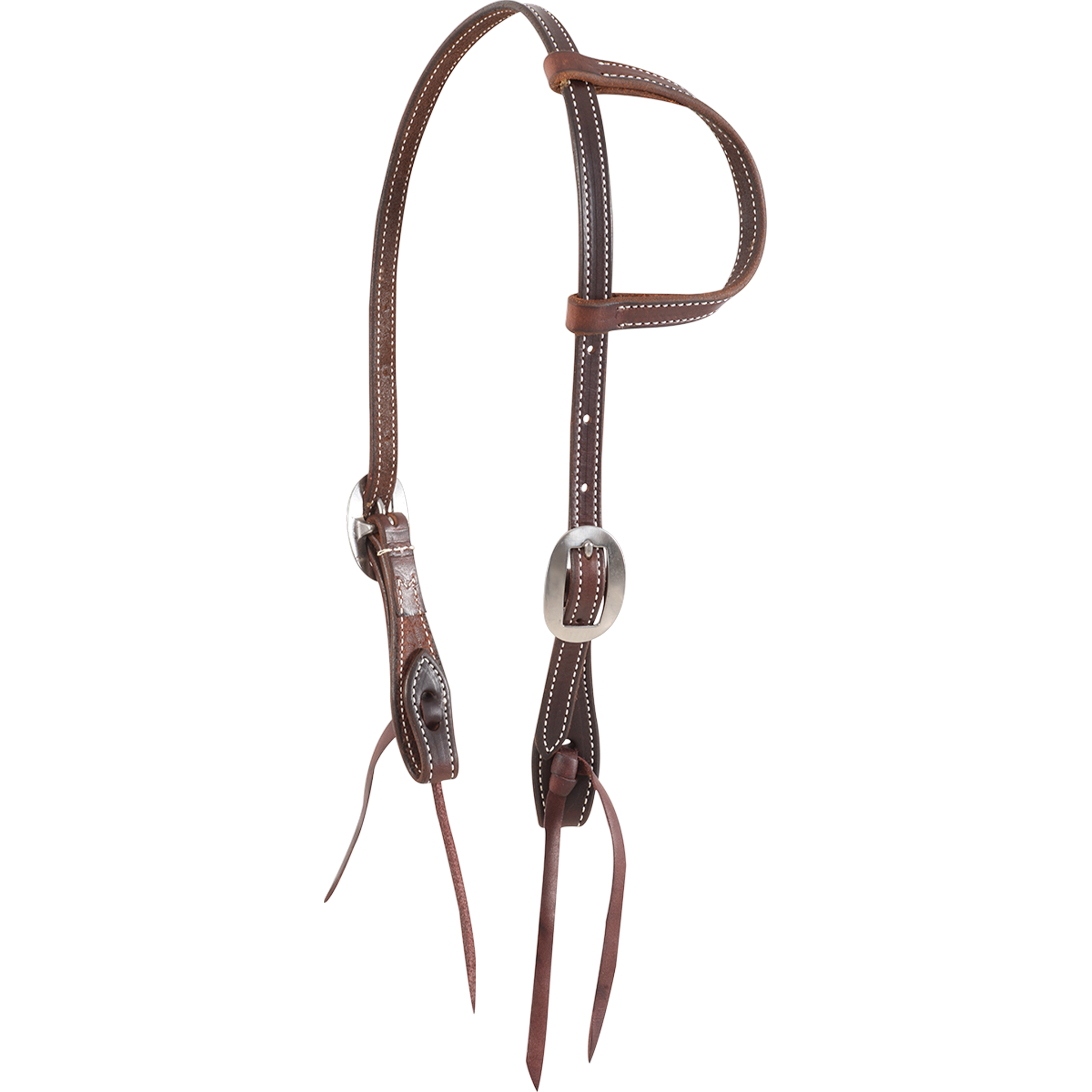 Chocolate stitched gag slip ear headstall from Martin Saddlery, seen from the front quarter. White stitching runs along the 5/8-inch skirting leather and ear loop, with cart buckles and bit ties at the cheeks.