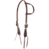 Chocolate stitched gag slip ear headstall from Martin Saddlery, seen from the front quarter. White stitching runs along the 5/8-inch skirting leather and ear loop, with cart buckles and bit ties at the cheeks.