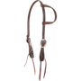 Chocolate stitched gag slip ear headstall from Martin Saddlery, seen from the front quarter. White stitching runs along the 5/8-inch skirting leather and ear loop, with cart buckles and bit ties at the cheeks.