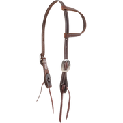Chocolate stitched gag slip ear headstall from Martin Saddlery, seen from the front quarter. White stitching runs along the 5/8-inch skirting leather and ear loop, with cart buckles and bit ties at the cheeks.