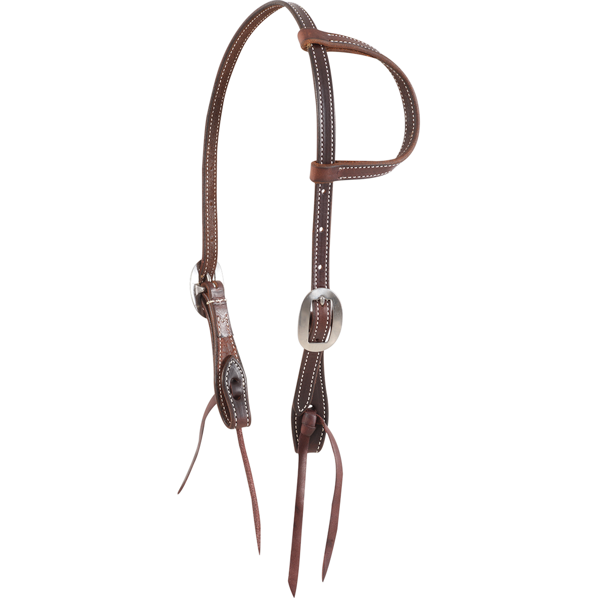 Chocolate stitched gag slip ear headstall from Martin Saddlery, seen from the front quarter. White stitching runs along the 5/8-inch skirting leather and ear loop, with cart buckles and bit ties at the cheeks.
