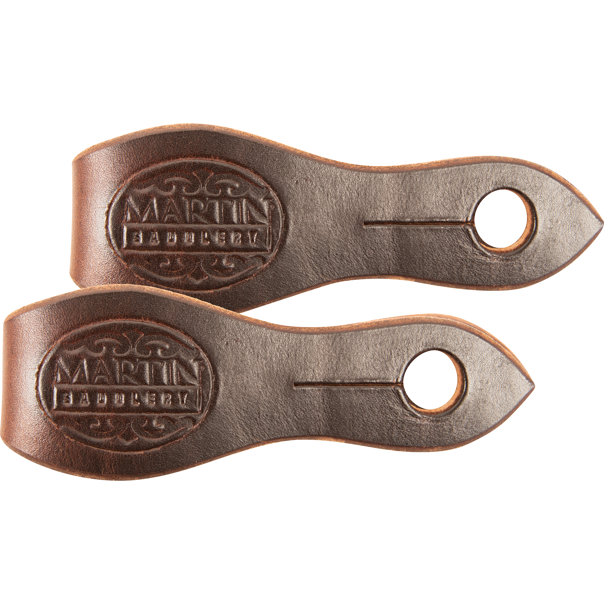Chocolate harness leather slobber straps from Martin Saddlery, laid side by side and seen from above. Each strap carries the Martin Saddlery stamp and a slotted hole at the pointed end.
