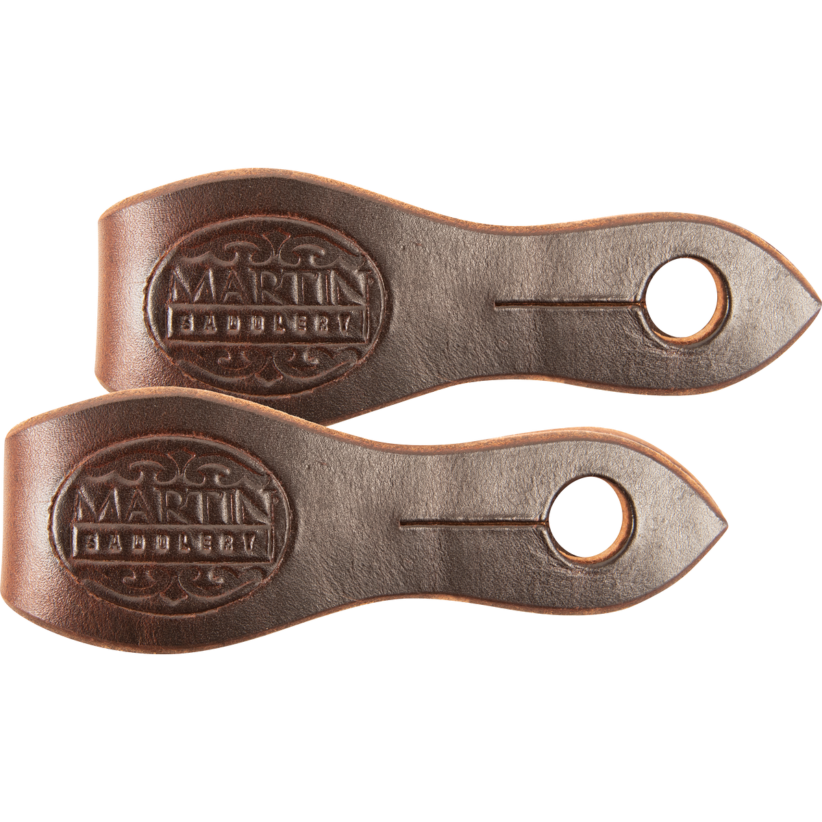 Chocolate harness leather slobber straps from Martin Saddlery, laid side by side and seen from above. Each strap carries the Martin Saddlery stamp and a slotted hole at the pointed end.