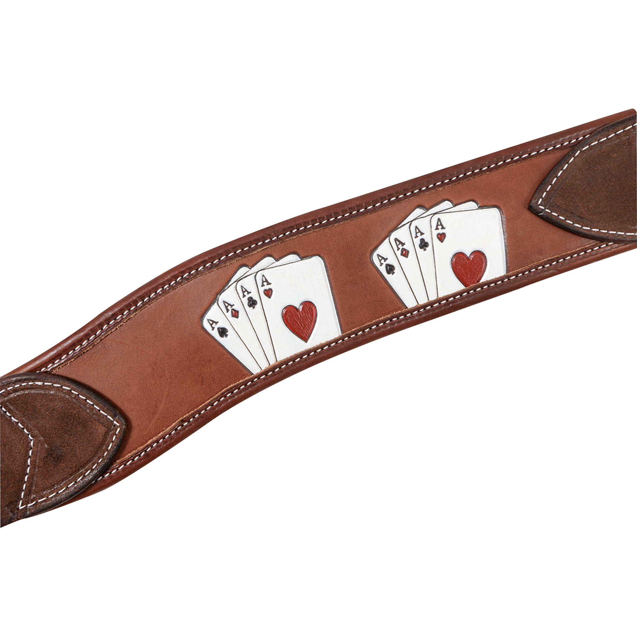 Chocolate skirting leather breast collar strap with painted card suit designs showing fanned aces. White stitching follows the edges, with roughout leather tabs at each end of this Martin Saddlery western breast collar.