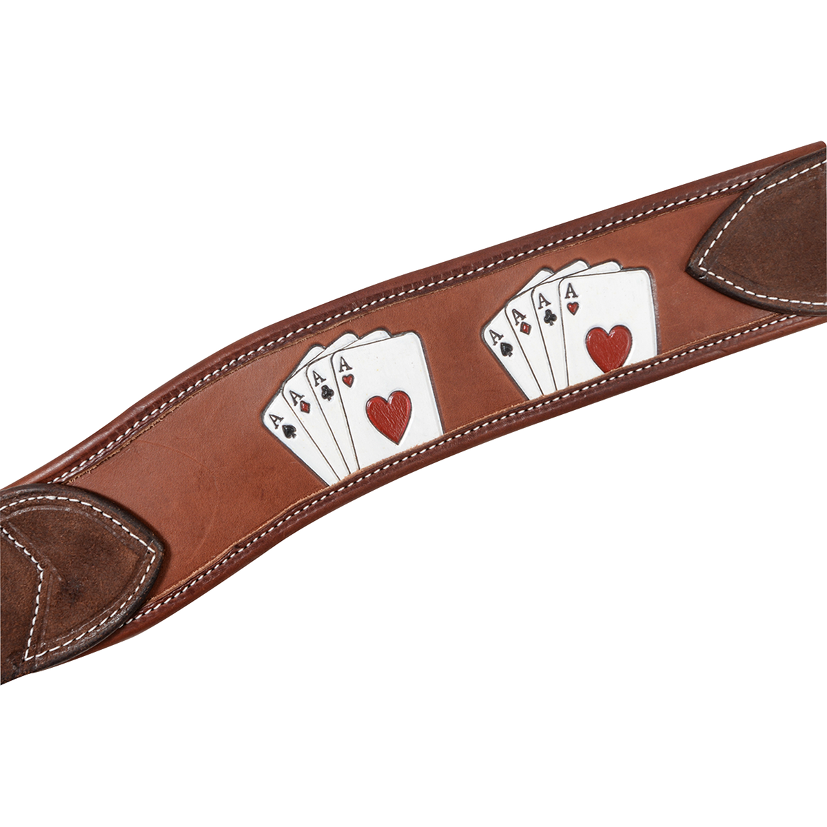 Chocolate skirting leather breast collar strap with painted card suit designs showing fanned aces. White stitching follows the edges, with roughout leather tabs at each end of this Martin Saddlery western breast collar.
