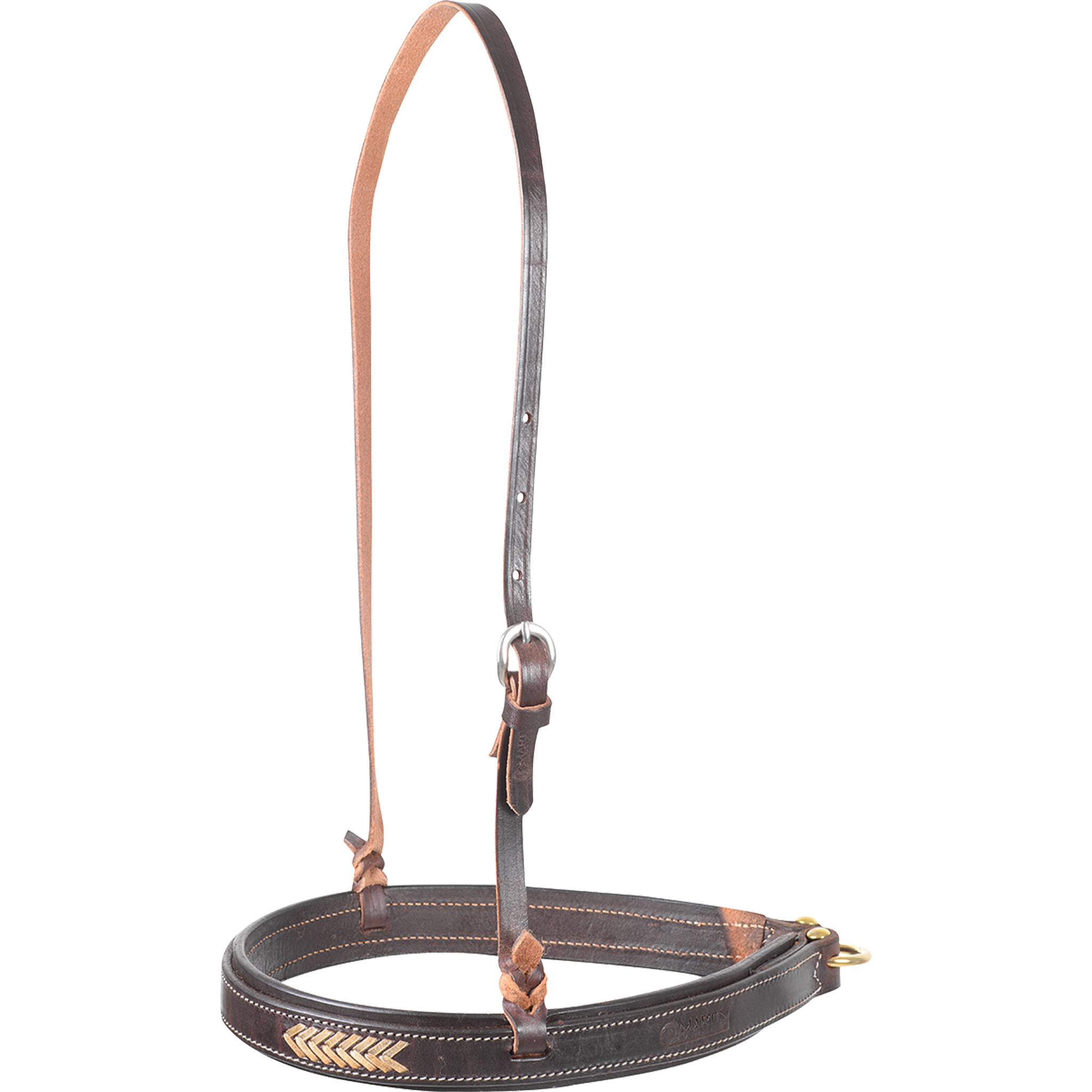 Chocolate laced harness noseband, seen from the front quarter. Rawhide lacing accents the front of the dark stitched leather, which hangs from an adjustable strap with a buckle.