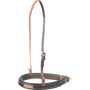 Chocolate laced harness noseband, seen from the front quarter. Rawhide lacing accents the front of the dark stitched leather, which hangs from an adjustable strap with a buckle.