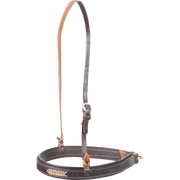 Chocolate laced harness noseband, seen from the front quarter. Rawhide lacing accents the front of the dark stitched leather, which hangs from an adjustable strap with a buckle.