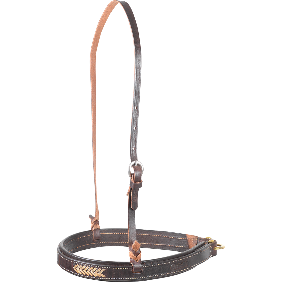 Chocolate laced harness noseband, seen from the front quarter. Rawhide lacing accents the front of the dark stitched leather, which hangs from an adjustable strap with a buckle.