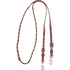 Chocolate laced barrel rein from Martin Saddlery, coiled and seen from above. Dark chocolate latigo lacing runs through the harness leather grip, with buckles and keeper snaps at the ends.