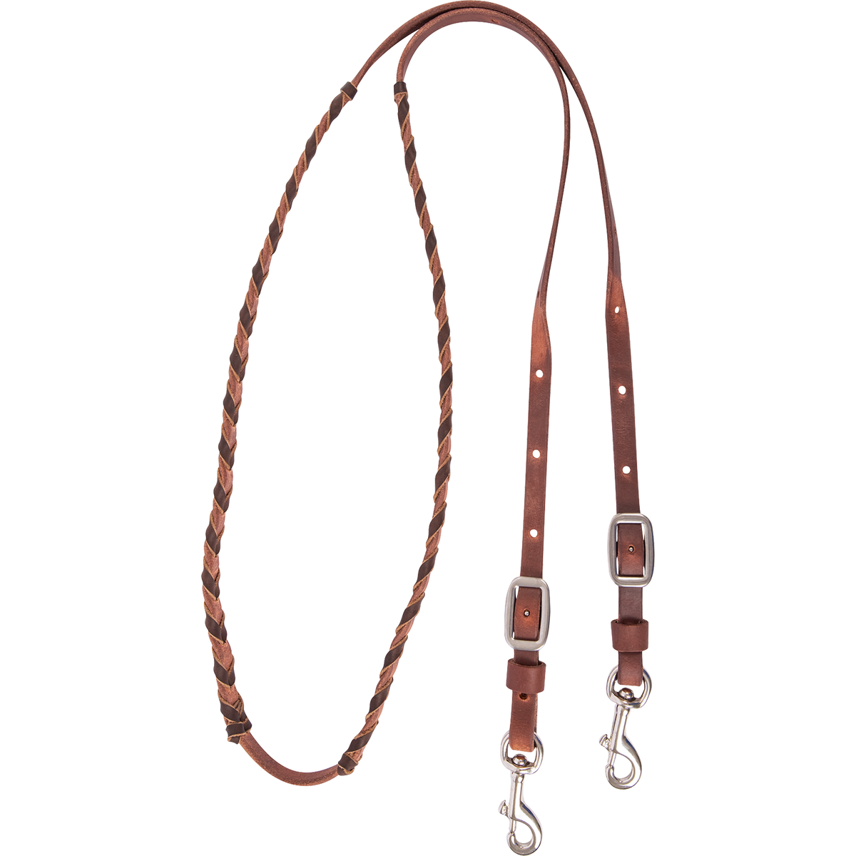 Chocolate laced barrel rein from Martin Saddlery, coiled and seen from above. Dark chocolate latigo lacing runs through the harness leather grip, with buckles and keeper snaps at the ends.