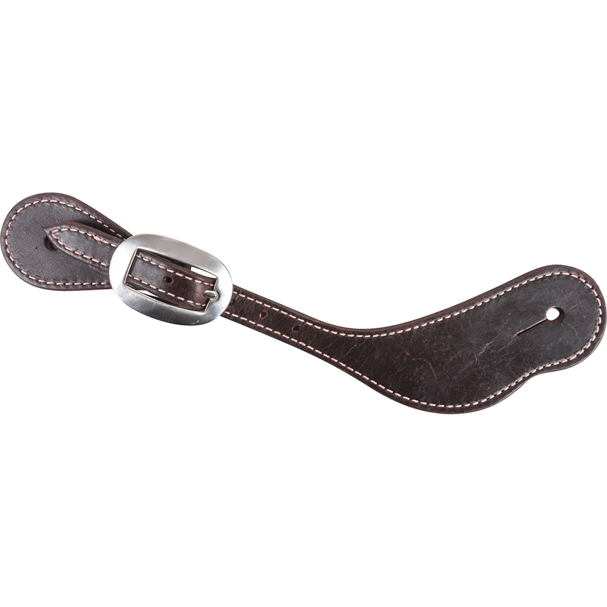 Chocolate latigo cowboy spur strap with stitching, seen from above. White stitching follows the edge of the dark latigo leather, which fastens with a buckle.