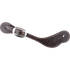 Chocolate latigo cowboy spur strap with stitching, seen from above. White stitching follows the edge of the dark latigo leather, which fastens with a buckle.