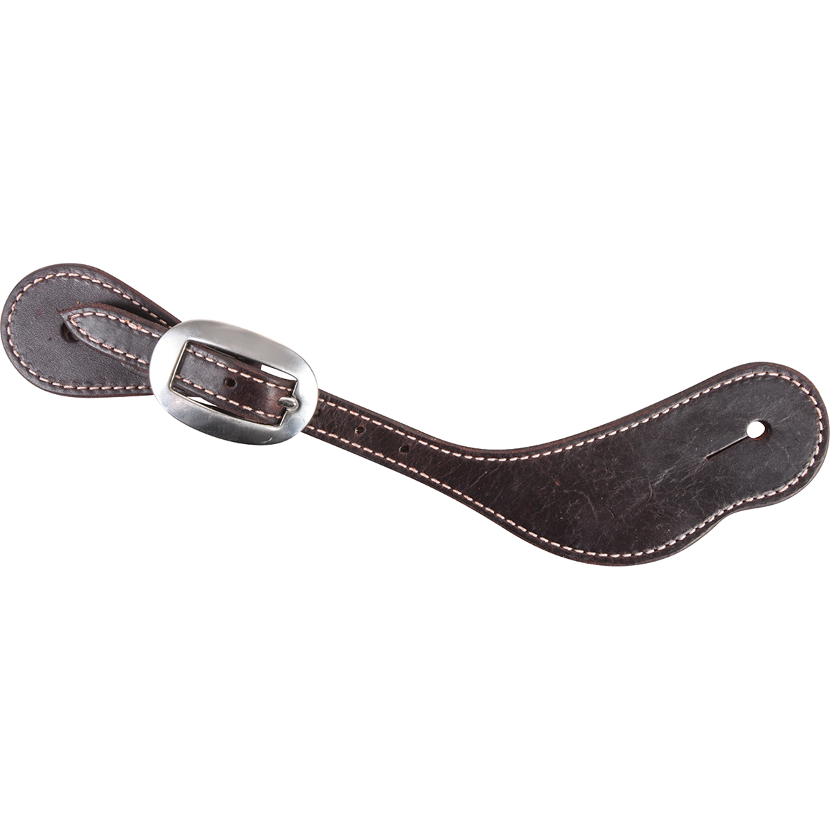 Chocolate latigo cowboy spur strap with stitching, seen from above. White stitching follows the edge of the dark latigo leather, which fastens with a buckle.