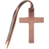 Back of a chocolate leather cross from Martin Saddlery, showing the untooled rough side. A leather tie string loops through the hole at the top.
