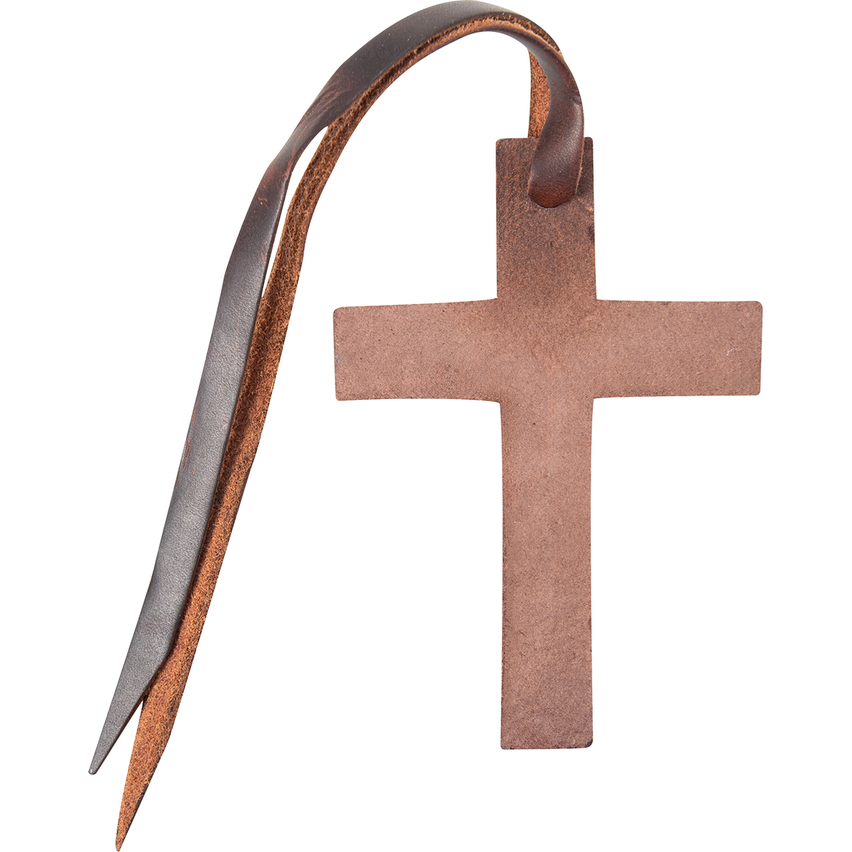 Back of a chocolate leather cross from Martin Saddlery, showing the untooled rough side. A leather tie string loops through the hole at the top.