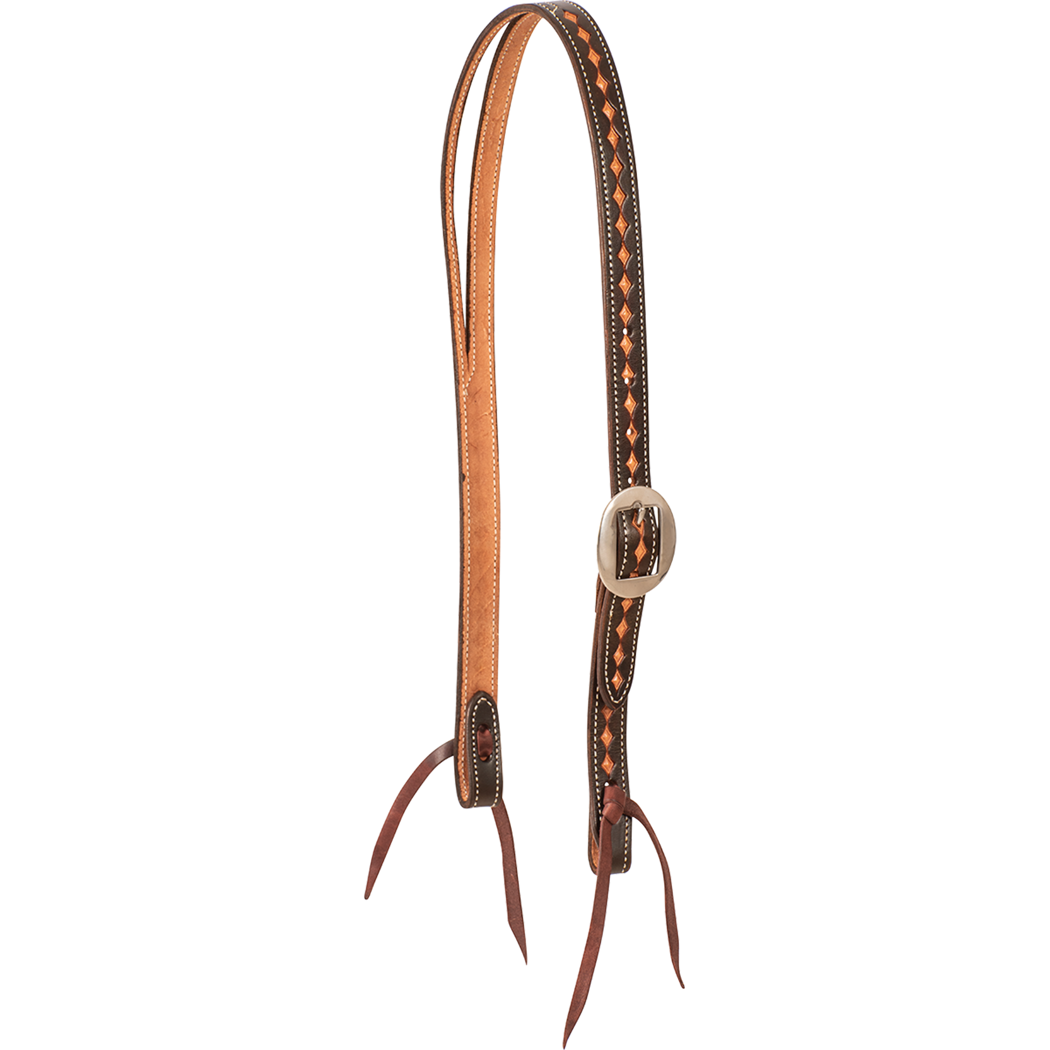Chocolate Ranahan headstall with dark framed diamond tooling, seen from the front quarter. Light diamonds run down the dark cheek of the 3/4-inch skirting leather, with a cart buckle and bit ties.