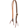 Chocolate Ranahan headstall with dark framed diamond tooling, seen from the front quarter. Light diamonds run down the dark cheek of the 3/4-inch skirting leather, with a cart buckle and bit ties.