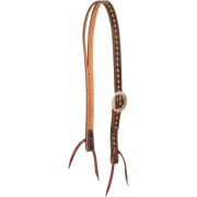 Chocolate Ranahan headstall with dark framed diamond tooling, seen from the front quarter. Light diamonds run down the dark cheek of the 3/4-inch skirting leather, with a cart buckle and bit ties.