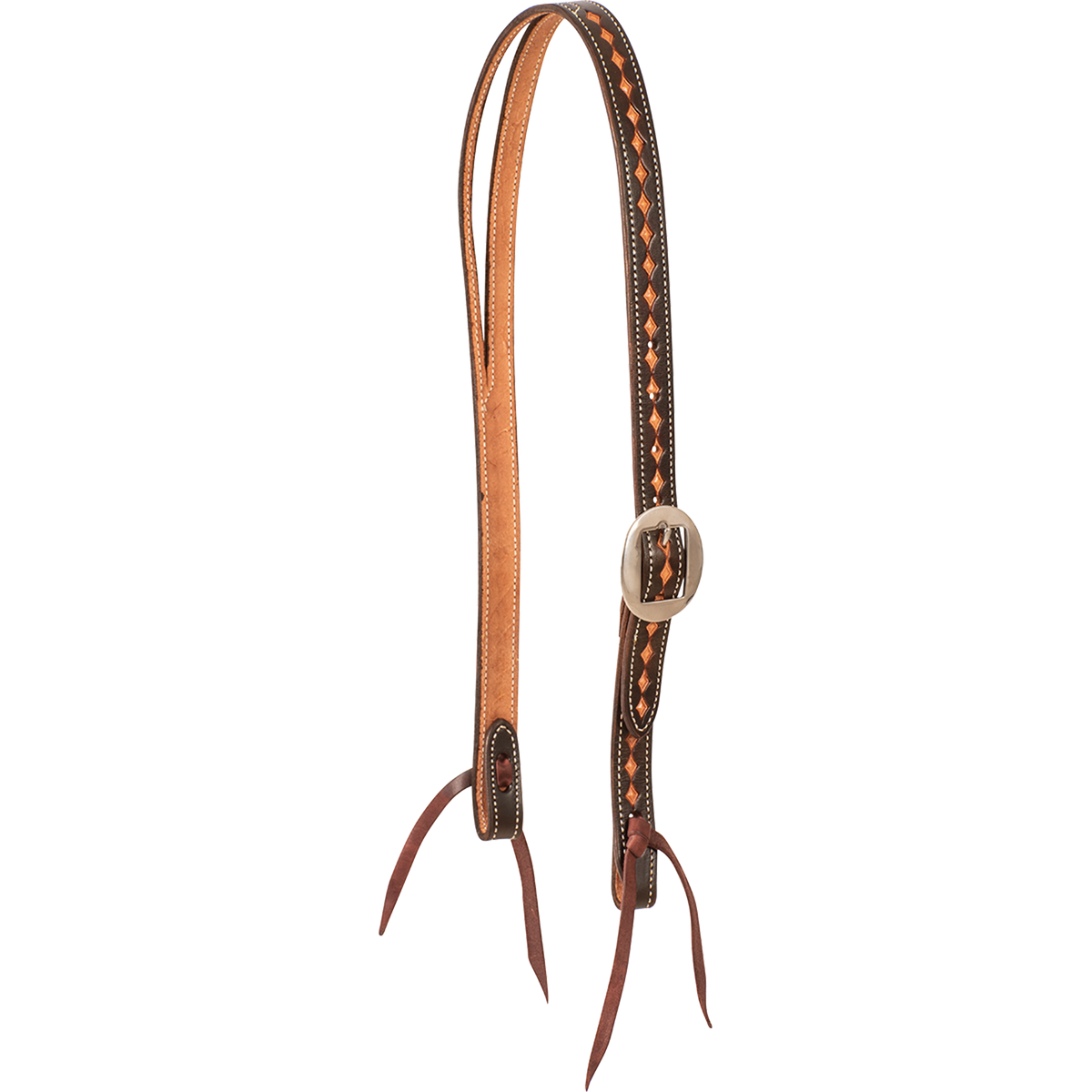 Chocolate Ranahan headstall with dark framed diamond tooling, seen from the front quarter. Light diamonds run down the dark cheek of the 3/4-inch skirting leather, with a cart buckle and bit ties.