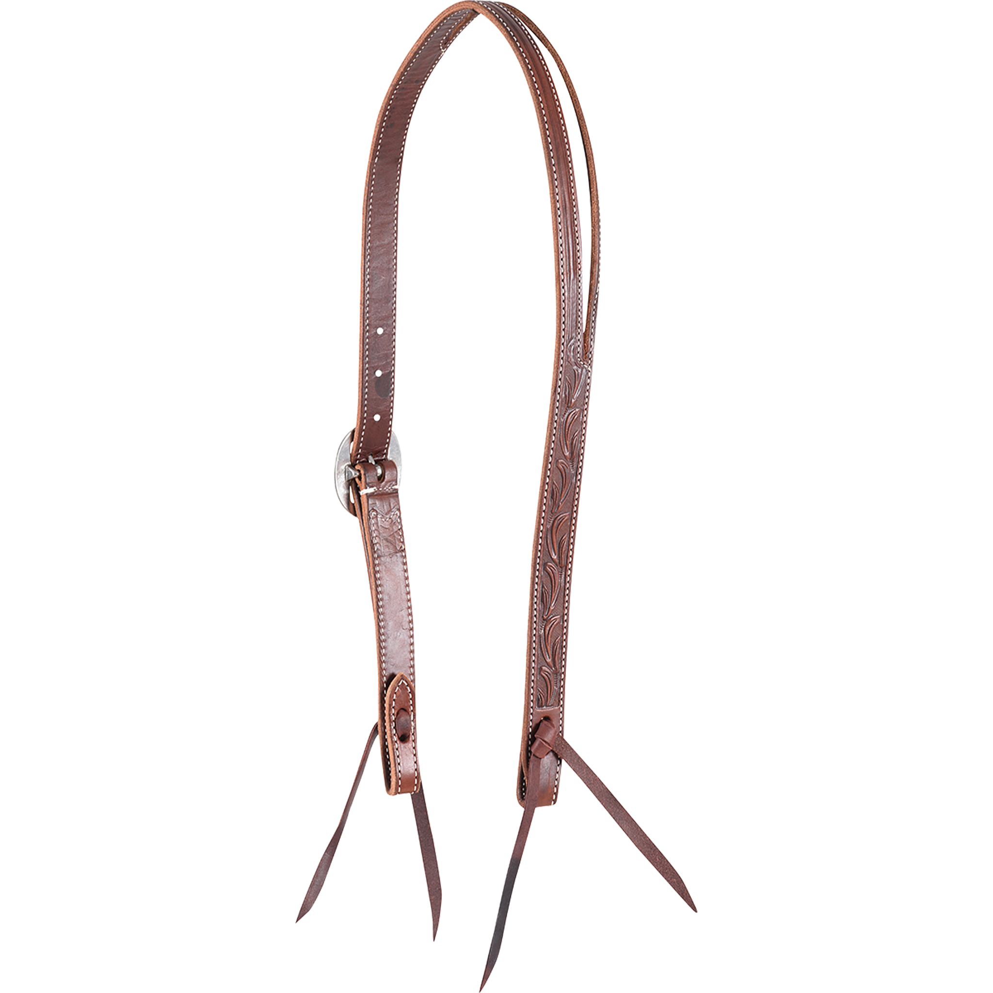 Chocolate Ranahan headstall with leaf tooling, seen from the off side. Tooling runs down one cheek of the 3/4-inch harness leather, with white stitching, a cart buckle and leather bit ties.