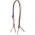 Chocolate Ranahan headstall with leaf tooling, seen from the off side. Tooling runs down one cheek of the 3/4-inch harness leather, with white stitching, a cart buckle and leather bit ties.